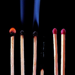 Six matches in different degrees of burning. One is entirely burnt out.
